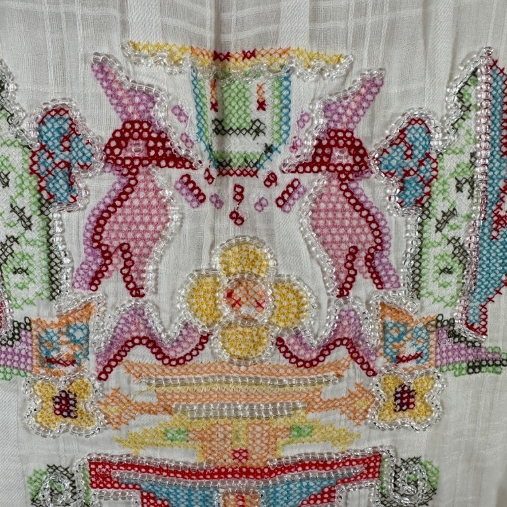 Y2K Da-Nang White Boho Sleeveless Cotton Embroidery Beaded Shift Dress Size S - Picture 4 of 15